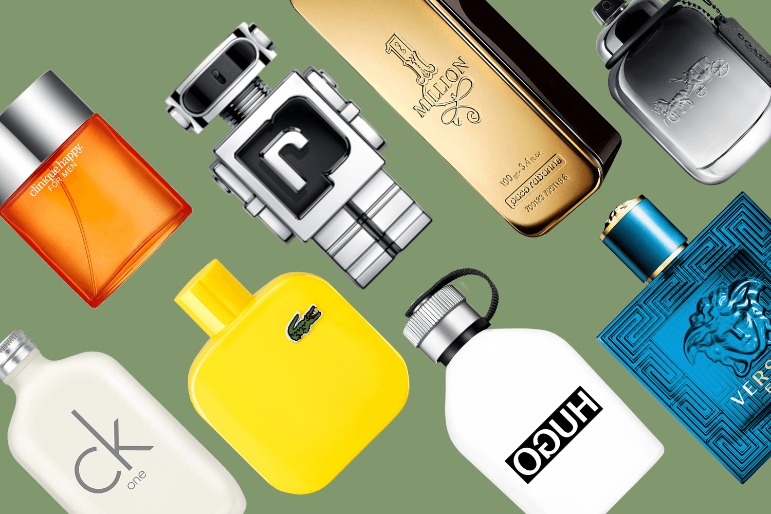Clinique Happy for Men, Paco Rabanne 1 Million, Coach, Versace Eros, Lacoste, Hugo Boss Hugo and CK One bottles on green.
