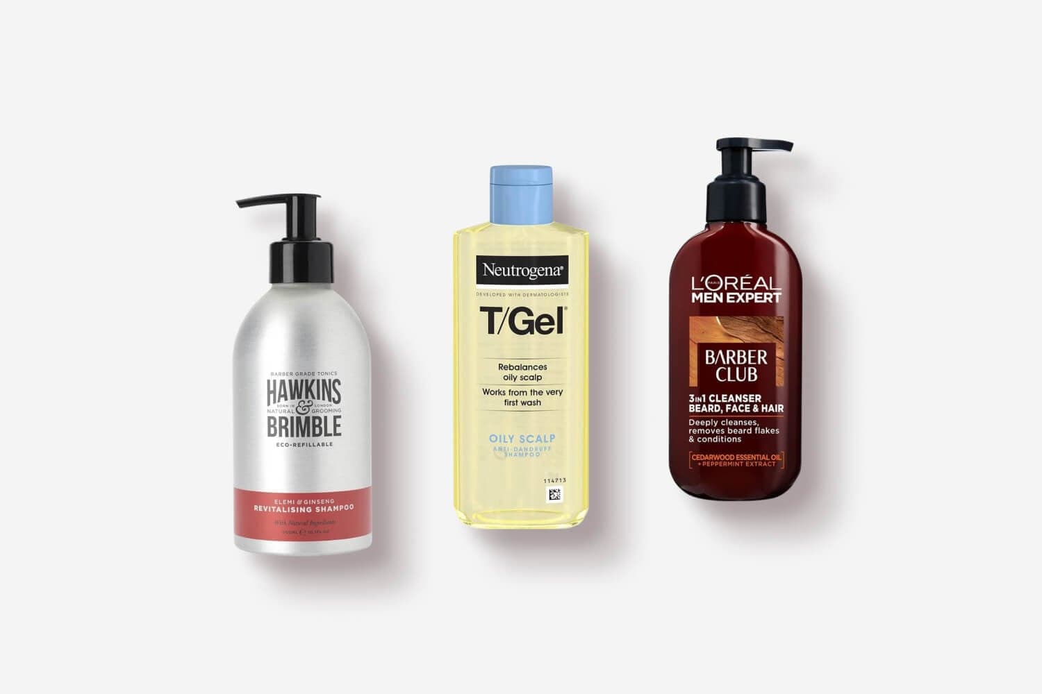 Hawkins & Brimble Elemi & Ginseng Revitalising Shampoo, Neutrogena T/Gel Oily Scalp and L'Oréal Men Expert Barber Club 3-in-1 Cleanser bottles on grey.