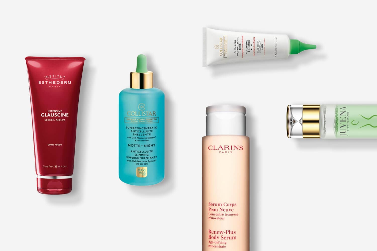 Institut Esthederm Intensive Glauscine, Collistar Anticellulite Slimming Superconcentrate and Volumizing Oil-Serum Bust, Clarins Renew-Plus and Juvena on grey.