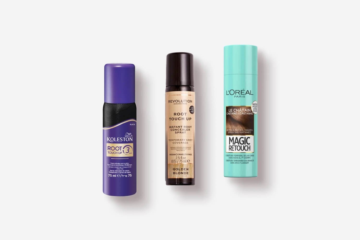 Three root spray cans: Wella Koleston Root Touch Up in Black, Revolution Root Touch Up in Golden Blonde, and L'Oréal Paris Magic Retouch in Le Châtain.