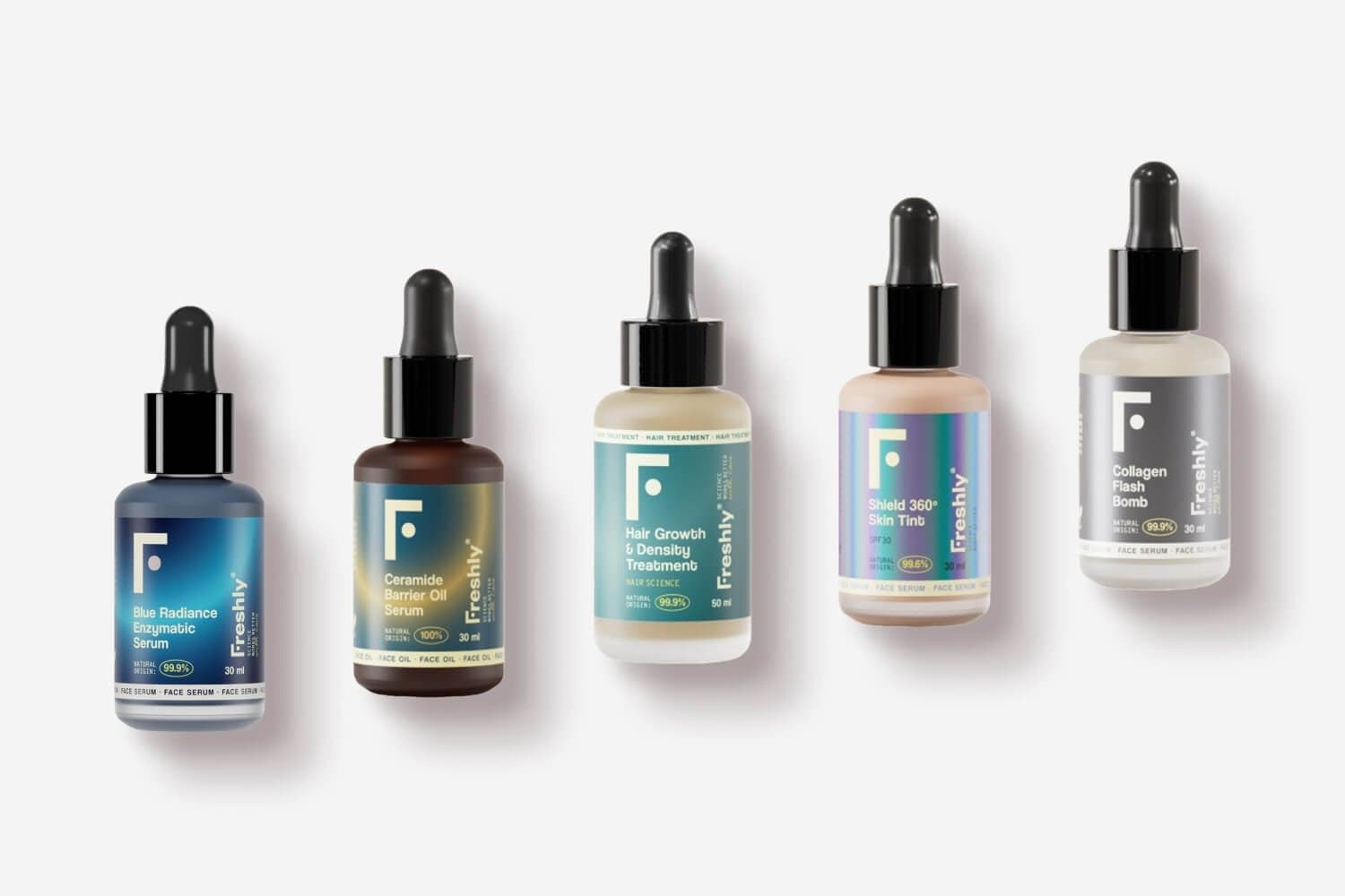 Freshly droppers: Blue Radiance Enzymatic Serum, Ceramide Barrier Oil Serum, Hair Growth & Density Treatment, Shield 360º Skin Tint, Collagen Flash Bomb