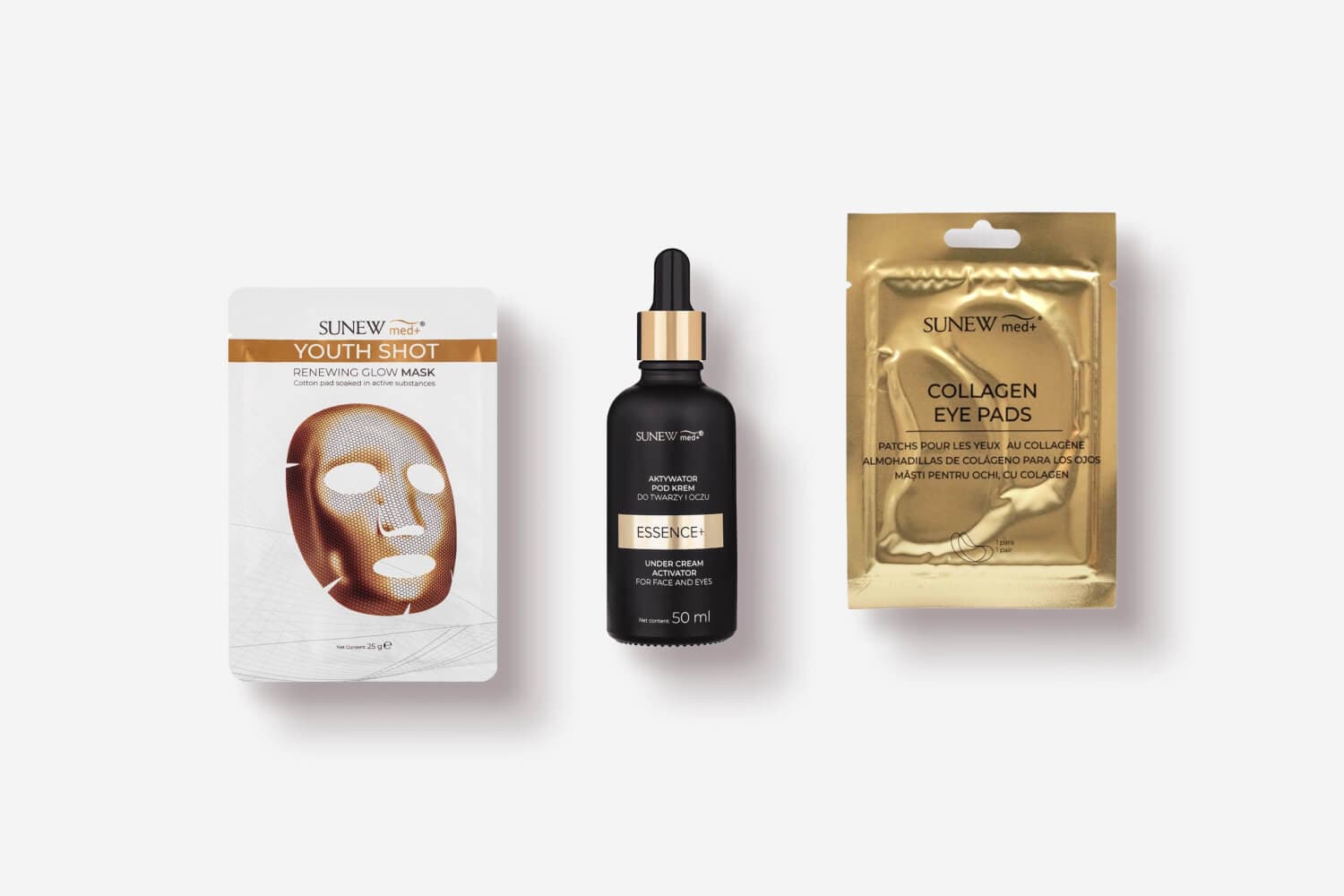 SunewMed+ Youth Shot Renewing Glow Mask, Essence+ Under Cream Activator 50 ml dropper bottle and gold Collagen Eye Pads sachet.