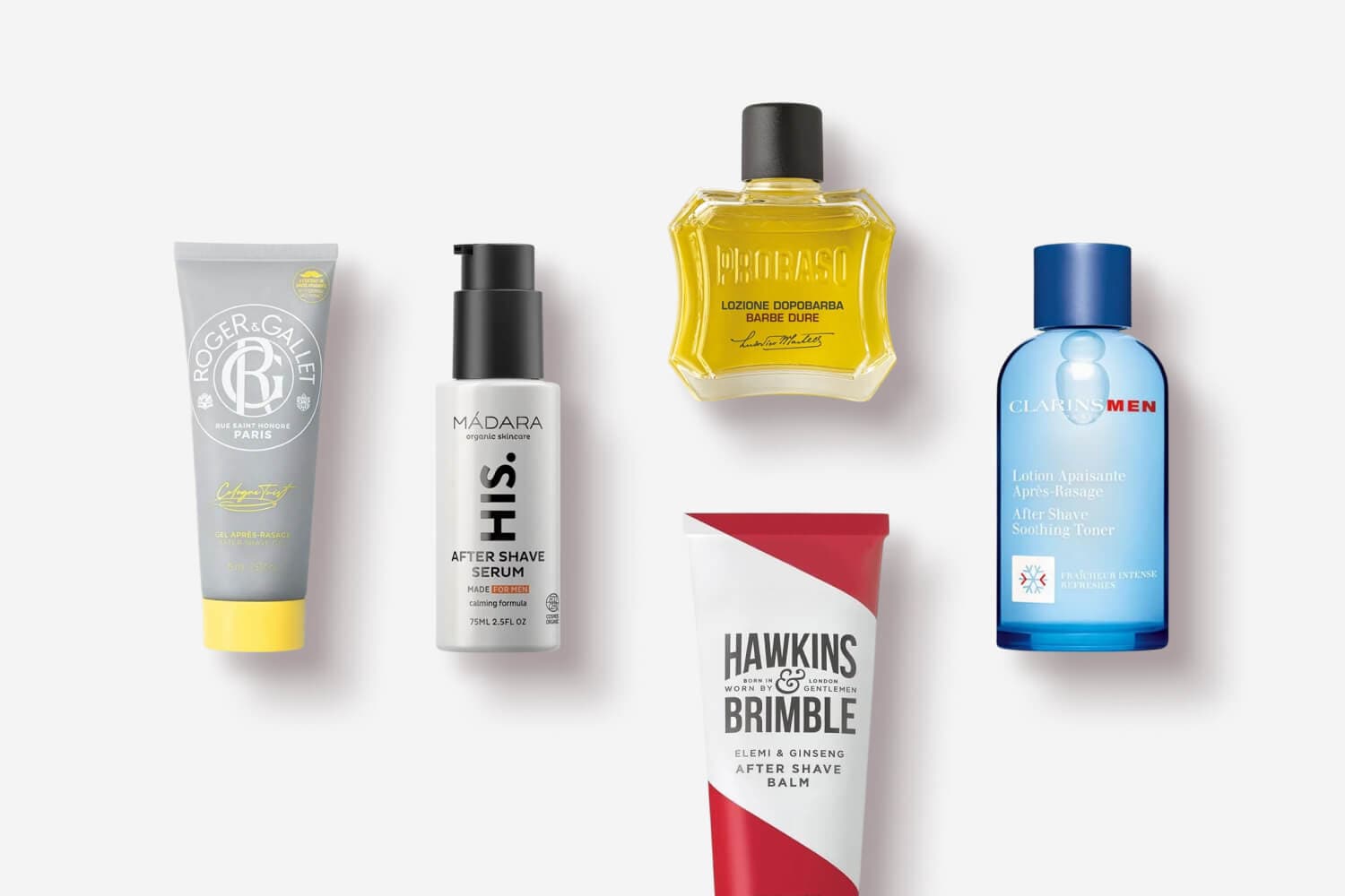 Roger & Gallet after-shave gel, Mádara HIS. After Shave Serum, Proraso Lozione Dopobarba, Hawkins & Brimble balm and Clarins Men Soothing Toner.