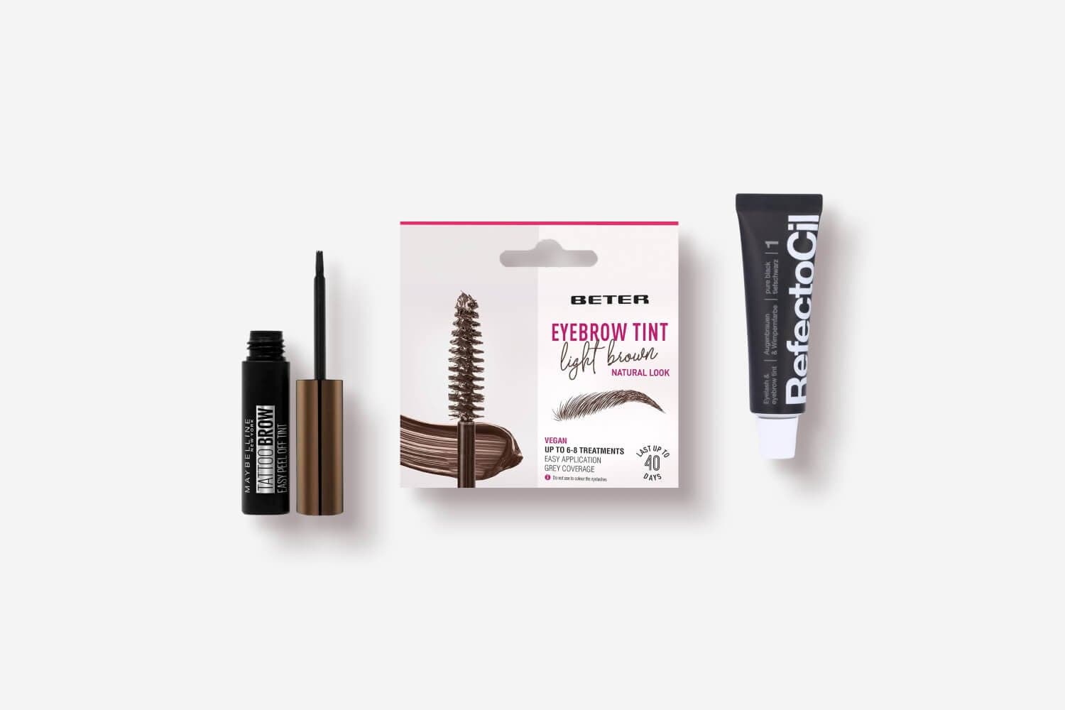 Maybelline Tattoo Brow Easy Peel Off Tint, Beter Eyebrow Tint Light Brown and RefectoCil Pure Black 1 on white.